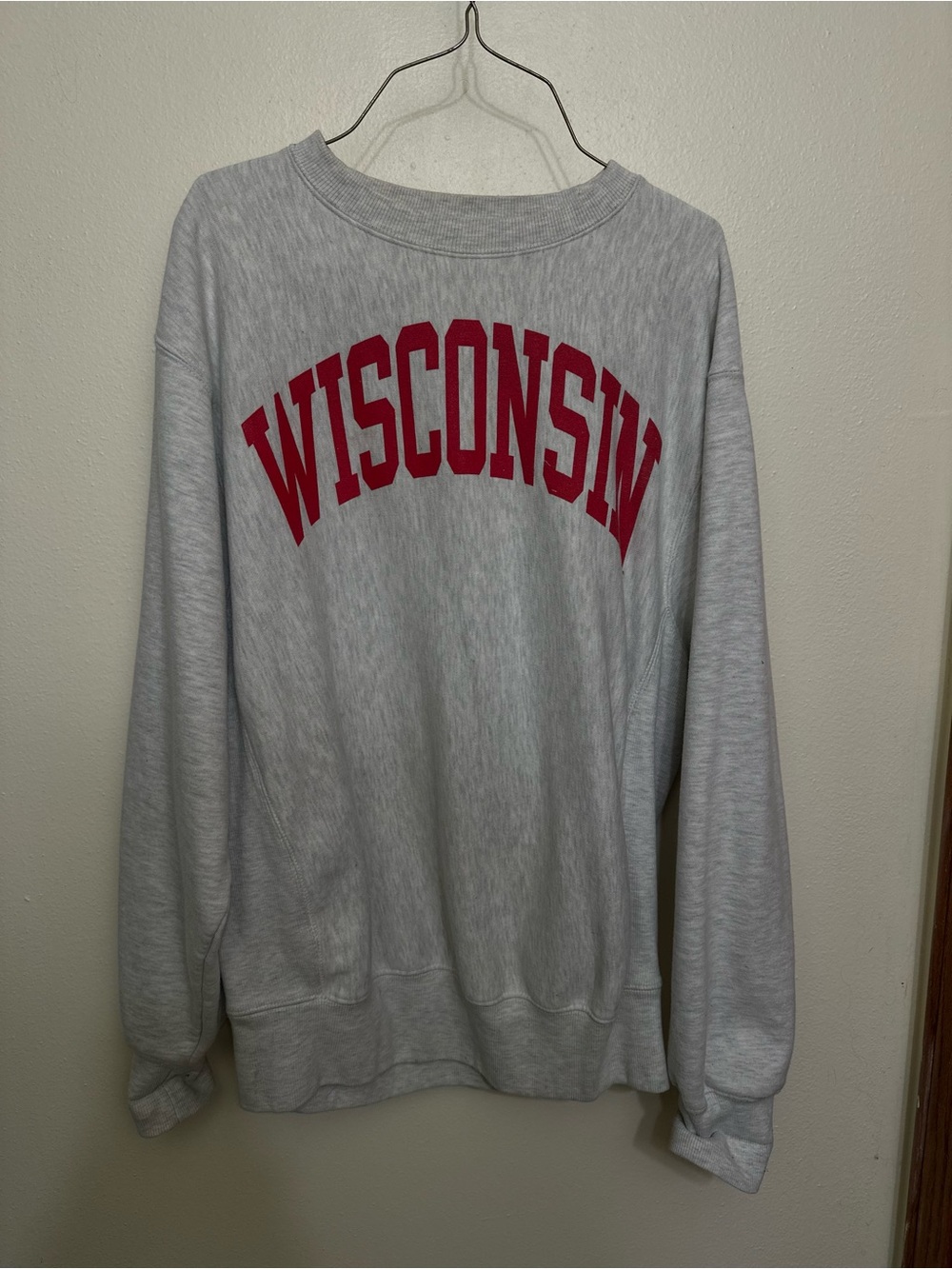 Wisconsin Grey Crewneck Sweatshirt with Red Lettering